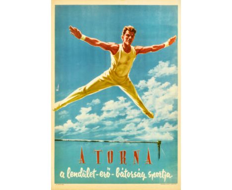 Original vintage Hungarian sports poster promoting gymnastics as a tournament of flight - A Torna a lendulet ero batorsag spo