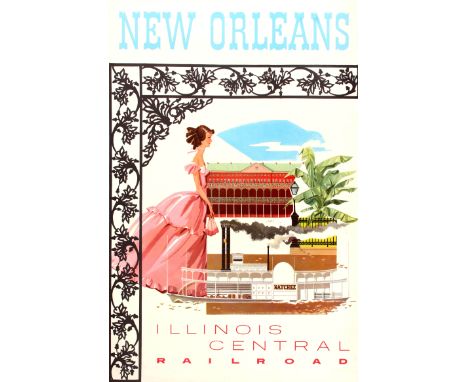 Original vintage Illinois Central Railroad travel advertising poster for New Orleans. Fantastic image depicting some of the c