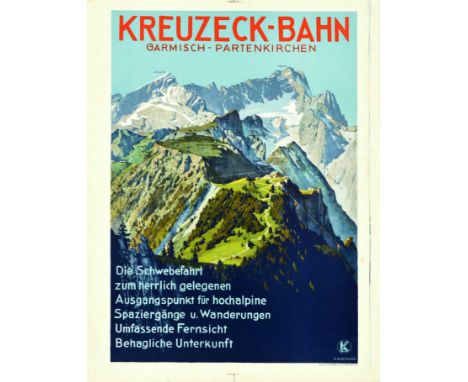 Original vintage railway travel poster advertising the Kreuzeck-Bahn Garmisch-Partenkirchen cable car service (opened 1926) i