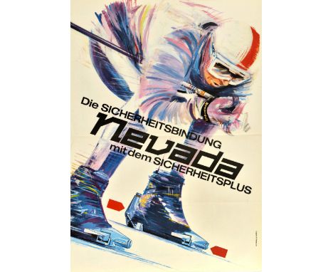 Original vintage poster for Nevada ski equipment - The safety binding Nevada with the safety plus / Die Sicherheitsbindung Ne
