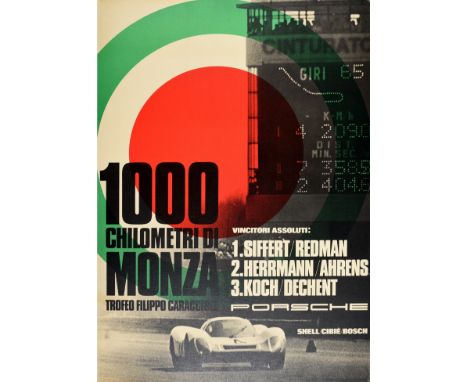 Original vintage motorsport poster celebrating Porsche victory at the 1000 Kilometres of Monza / 1000 Chilometri di Monza Tro
