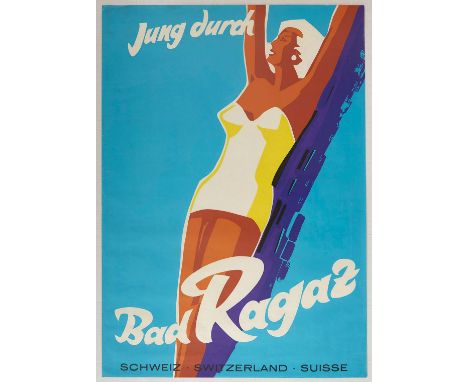 Original vintage travel poster for the natural springs and spa health resort of Bad Ragaz in Switzerland located on the borde