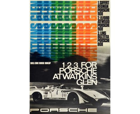 Original vintage motorsport poster celebrating the 1-2-3 For Porsche At Watkins Glen featuring a dynamic black and white phot