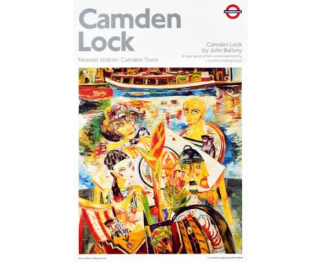 Original vintage London Underground poster for Camden Lock nearest station Camden Town. Colourful illustration depicting peop