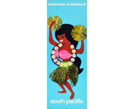 Original vintage travel poster - Qantas Airways South Pacific - featuring a colourful collage style design showing a smiling 