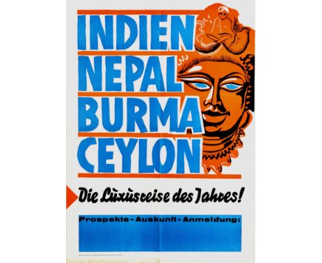 Original vintage poster promoting cruise travel to Asia with the bold blue and black text in German - Indien Nepal Burma Ceyl