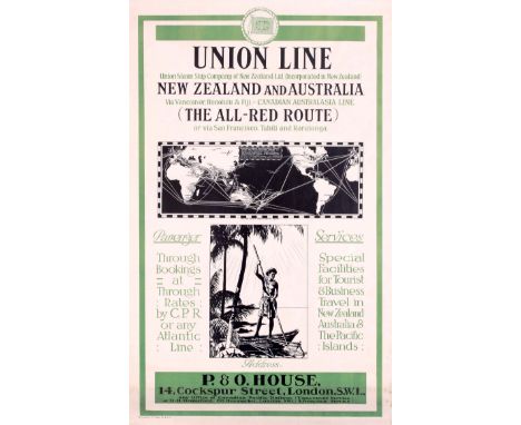 Original antique cruise ship travel poster for the Union Line Steam Ship Company of New Zealand Ltd advertising New Zealand a