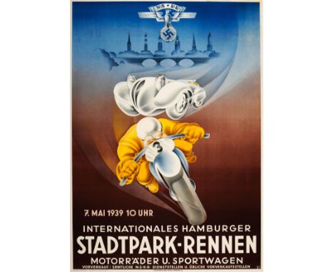 Original vintage motor sports advertising poster in German for the 10 Hours International Race for motorbikes and sport cars 