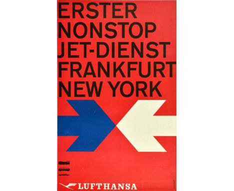Original vintage travel poster issued by Lufthansa - First Nonstop Jet Service Frankfurt New York / Erster Nonstop Jet-Dienst