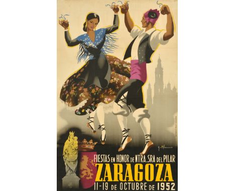 Original vintage travel poster promoting the Zaragoza Festivities in Honour of Our Lady of the Pillar - Fiestas en Honor de N