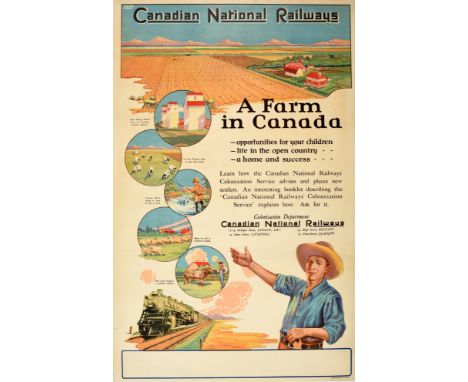 Original vintage poster issued by the Colonization Department of Canadian National Railways - A Farm in Canada - featuring a 