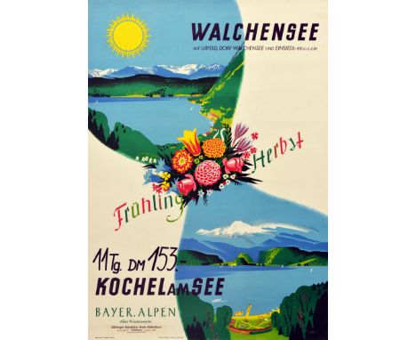 Original vintage travel poster promoting trips to Lake Walchen located south of Munich in the middle of the Bavarian Alps fea