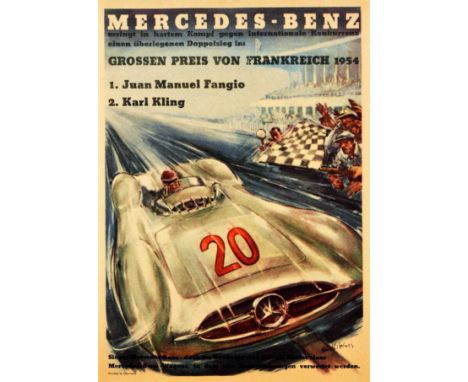 Original vintage motor sport advertising poster celebrating the Mercedes Benz victory at the Formula One French Grand Prix 19