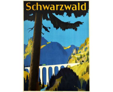 Original vintage travel poster promoting Schwarzwald in Germany featuring a great illustration of a pine tree in the foregrou
