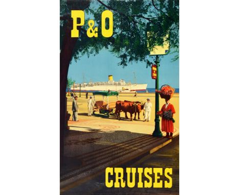 Original vintage travel poster for P&O Cruises featuring a colourful view towards an ocean liner with a smaller ship and sail