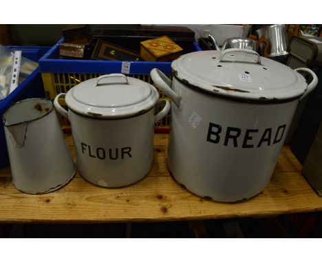 Large enamel bread bin, similar flour bin and a jug.