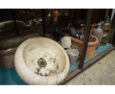 Small marble circular sink, garden pots and other items.