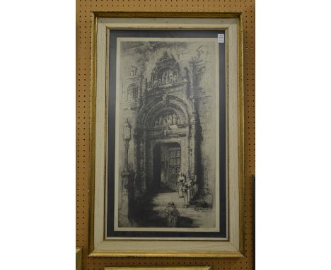 Andrew Fairbain Affleck, figures by a carved stone doorway, etching.