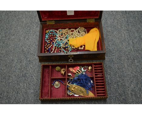 A Tunbridge Ware jewellery box and contents.