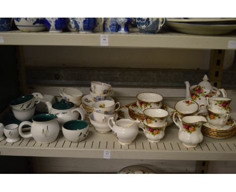 Decorative tea ware to include Royal Albert Old Country Roses, Crown Royal and Denby Green Wheat.