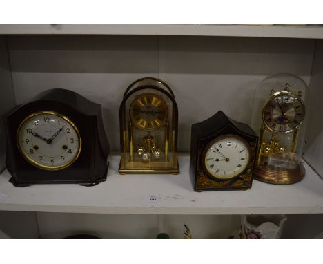 A Smiths bakelite mantel clock, chinoiserie decorated clock and two anniversary clocks.