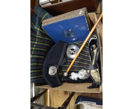 Items relating to the London Scottish Regiment, to include kilt, swagger stick and other items.