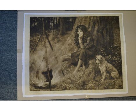 Herbert Dicksee, a young lady and her canine companion seated around a fire, etching, pencil signed, unframed.