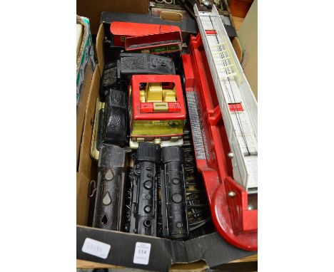 Tin plate trains, track and a large tin plate fire engine.