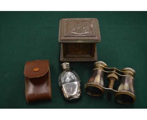 A decorative French metal casket, opera glasses and a cased scent bottle.