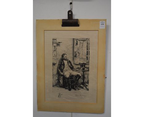 Portrait of a gentleman seated smoking a pipe, print on satin.