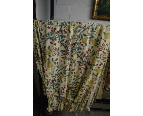 A single floral curtain, lined approx size 218cm wide x 400cm long together with a matching curtain 74cm wide x 400cm long an