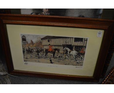 Hunting scene, colour print together with another print.