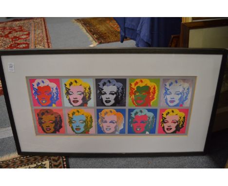 In the manner of Andy Warhol, Marilyn Monroe, ten colourful portraits mounted as one together with other engravings and print