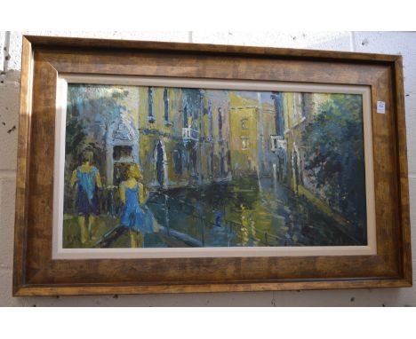 Figures by a canal with buildings, oil on canvas, in a gilt frame together with still life of a mandolin, a ewer and fruit by