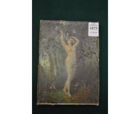 A small portrait of a standing female nude in a wooded landscape, oil on canvas, possibly over a print base.