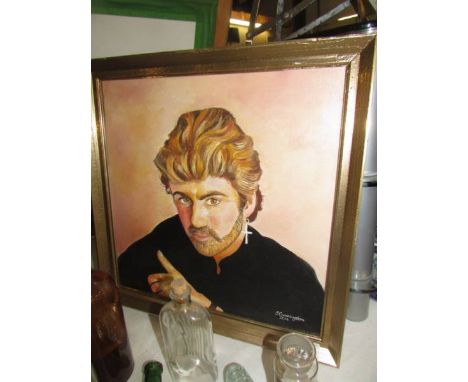 A framed oil on canvas portrait of George Michael signed E Cunnington.&nbsp;Collect Only.