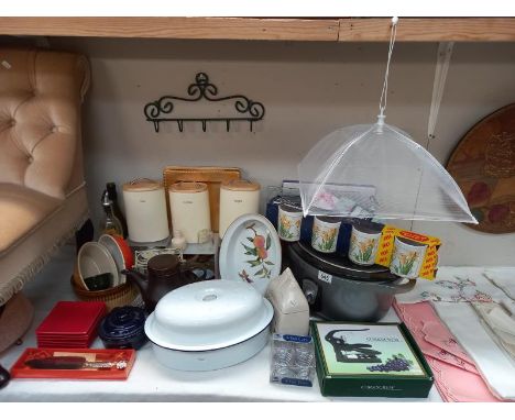 A large selection of kitchenalia including enamel cooking pot Royal Worcester Evesham serving bowl, etc.