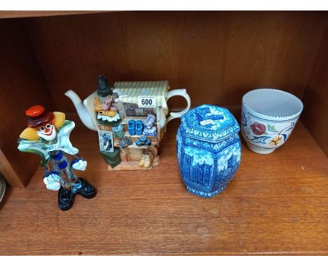 A Murano glass clown, Ringtons blue and white tea caddy, etc.