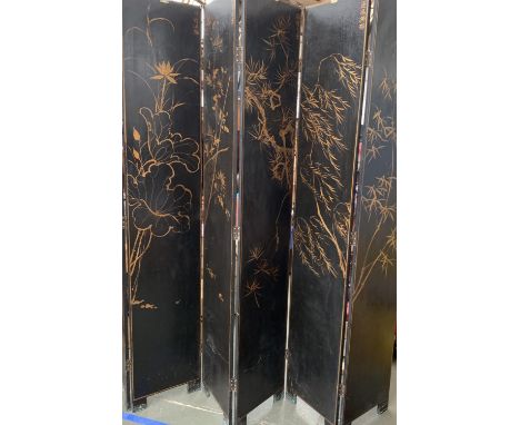 Interior design interest: a 20th century chinoiserie style six panel japanned folding screen depicting prunus on one side and