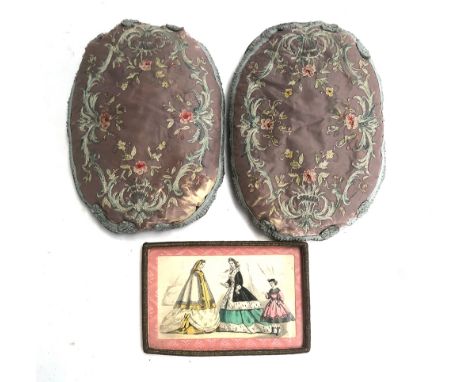 A 19th century hand coloured fashion print in a gold thread and fabric frame, overall dimensions 14x21cm; together with a pai