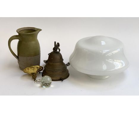 A white milk glass hanging ceiling light, approx. 30cmD; together with a studio pottery salt glazed jug 