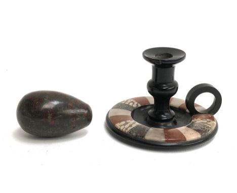 An agate specimen pietra dura candlestick holder, 5cmH; together with a mineral egg 