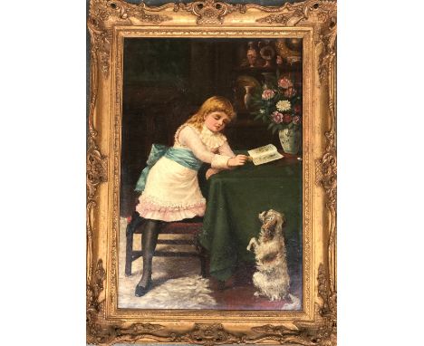A late 19th/early 20th century oil on canvas, portrait of a young girl reading with a dog at her feet, signed A.H Willms., 60