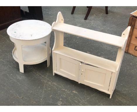 A white painted spice rack, 53cmW; together with a small occasional table 