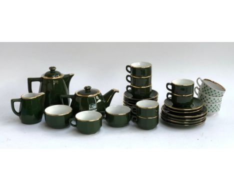 A French Apilco green and gilt porcelain tea and coffee service, green and white ceramic cups etc 
