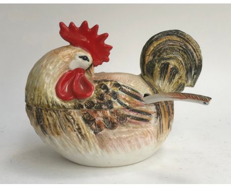 A large Italian hand painted ceramic chicken tureen with ladle designed for Neiman Marcus, 28cmH 