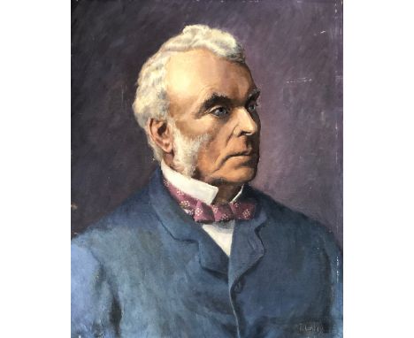 Portrait of a gentleman in a spotted bow tie, oil on board, signed T Caley, 51x41cm 