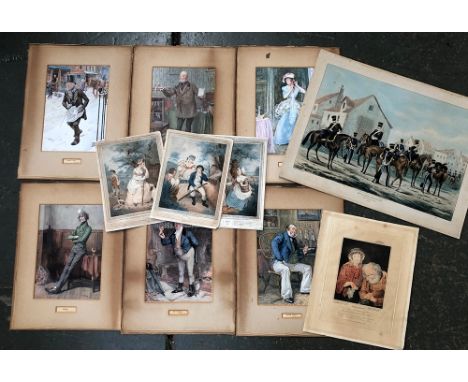 After Frank Reynolds, 1912, six colour prints of Dickensian figures, together with three colour mezzotints after Peirson; col