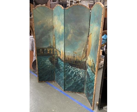 Four fold painted screen, with maritime scene, each panel 40x173cmH 