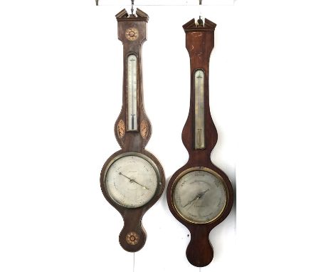 A mahogany and inlaid banjo barometer by J Knight, 96cmL, together with a furthe banjo barometer by Pastorelli &amp; Co, 180 